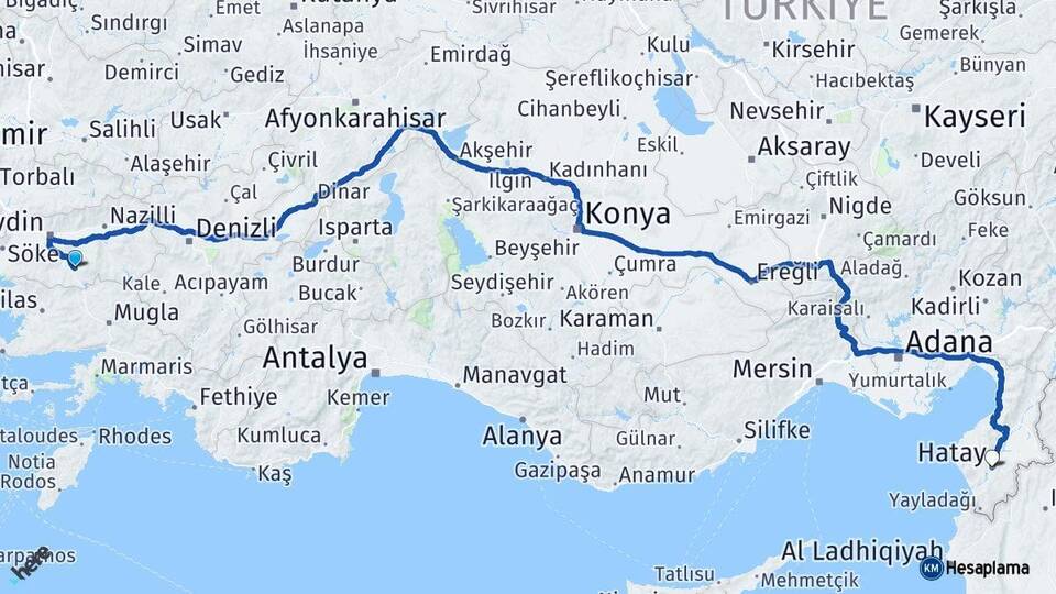 Aydın Çine Hatay Arası Kaç Km - Yol Haritası