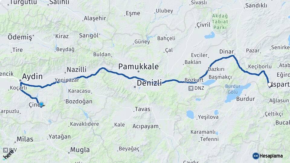 Aydın Çine Isparta Arası Kaç Km - Yol Haritası