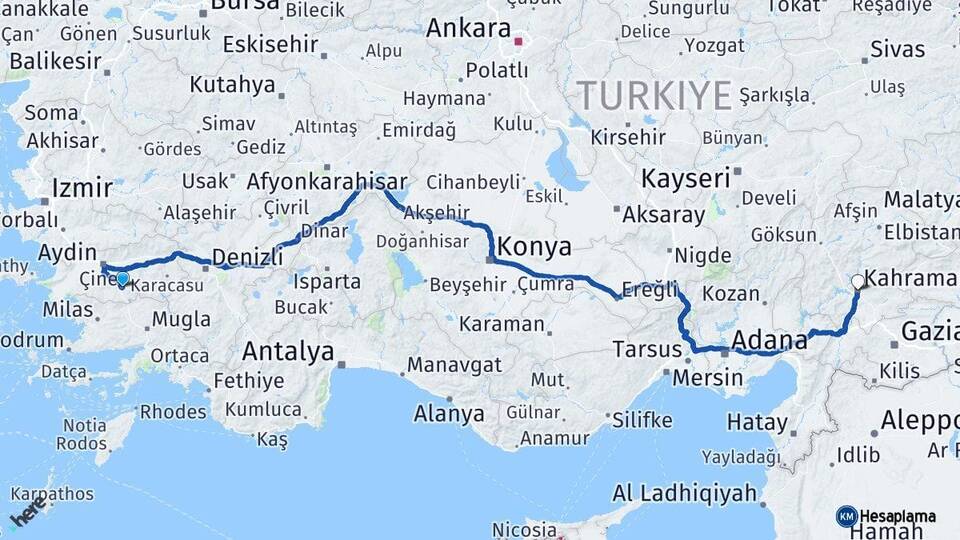 Aydın Çine Kahramanmaraş Arası Kaç Km - Yol Haritası