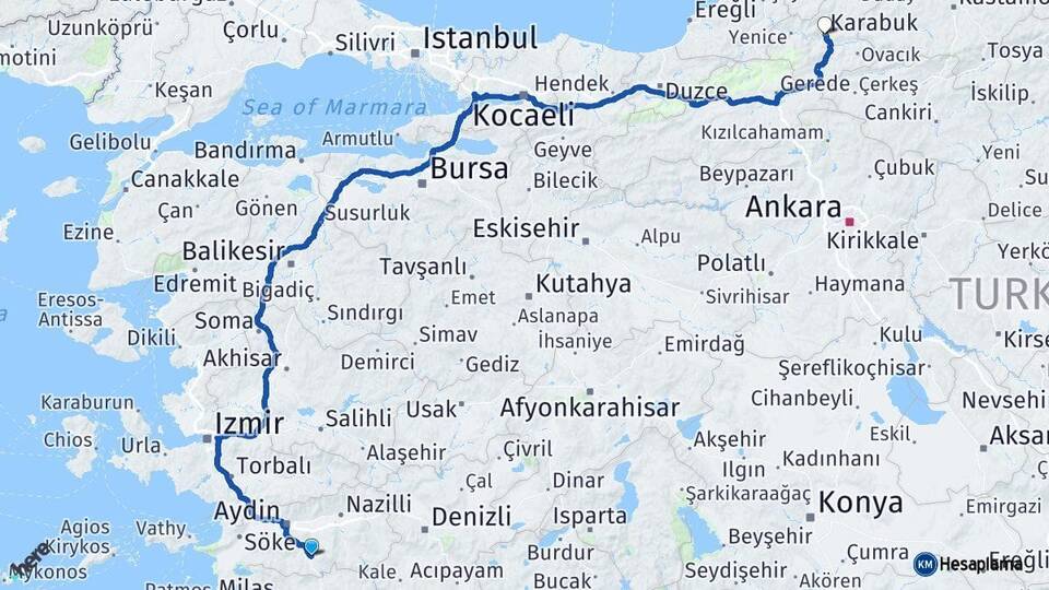 Aydın Çine Karabük Arası Kaç Km - Yol Haritası