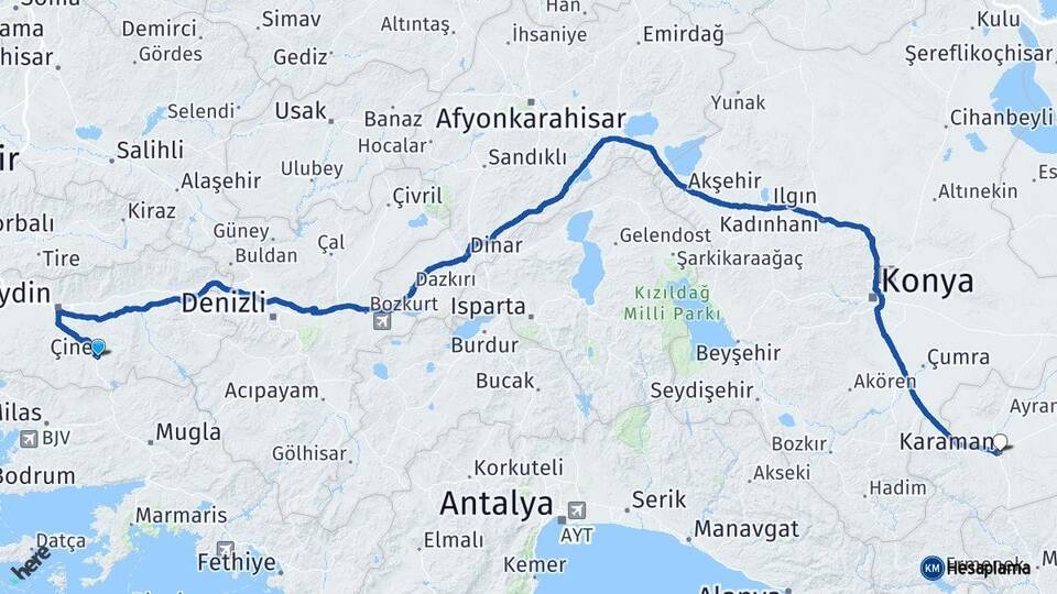 Aydın Çine Karaman Arası Kaç Km - Yol Haritası