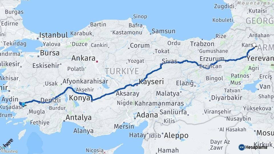 Aydın Çine Kars Arası Kaç Km - Yol Haritası