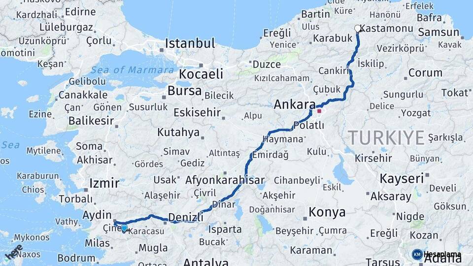 Aydın Çine Kastamonu Arası Kaç Km - Yol Haritası