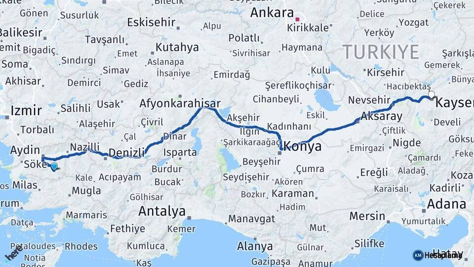Aydın Çine Kayseri Arası Kaç Km - Yol Haritası
