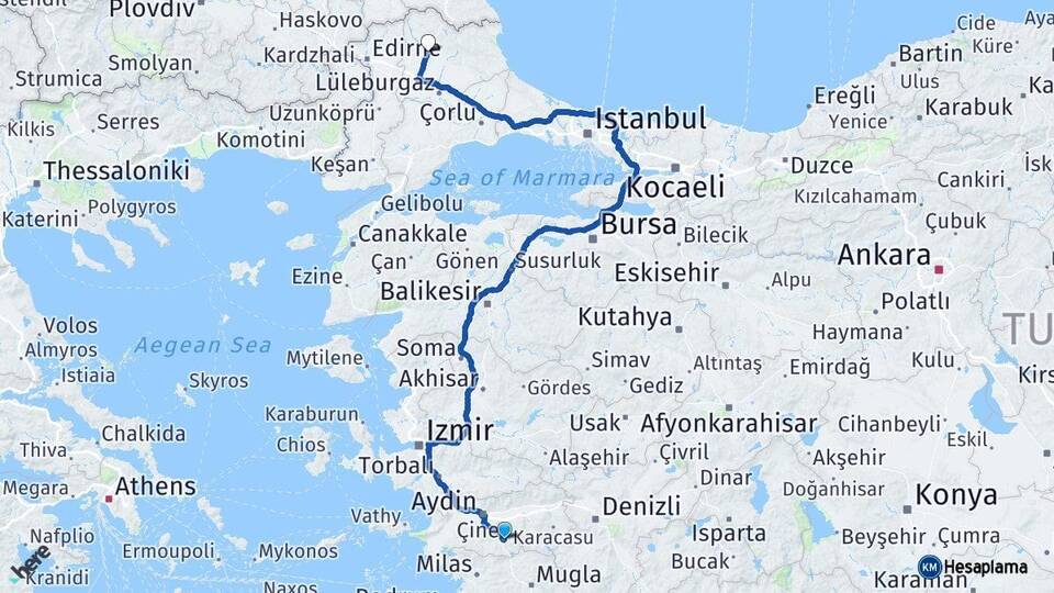 Aydın Çine Kırklareli Arası Kaç Km - Yol Haritası