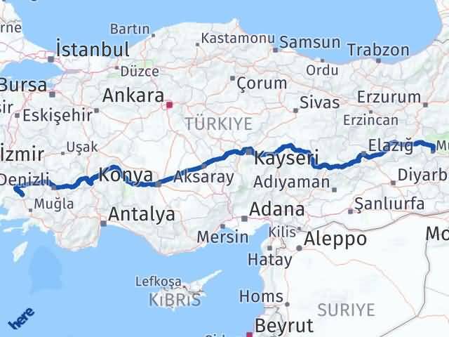 Aydın Çine Muş Arası Kaç Km - Yol Haritası