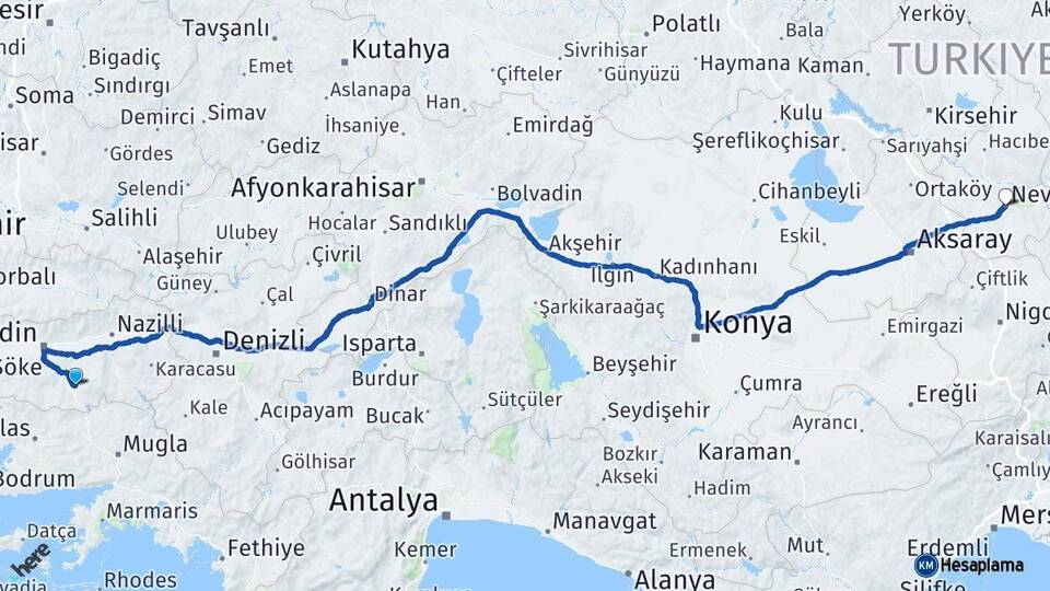 Aydın Çine Nevşehir Arası Kaç Km - Yol Haritası