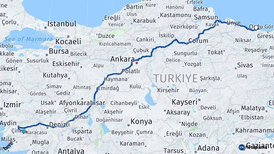 Aydın Çine Ordu Arası Kaç Km - Yol Haritası