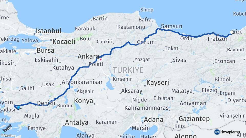 Aydın Çine Rize Arası Kaç Km - Yol Haritası