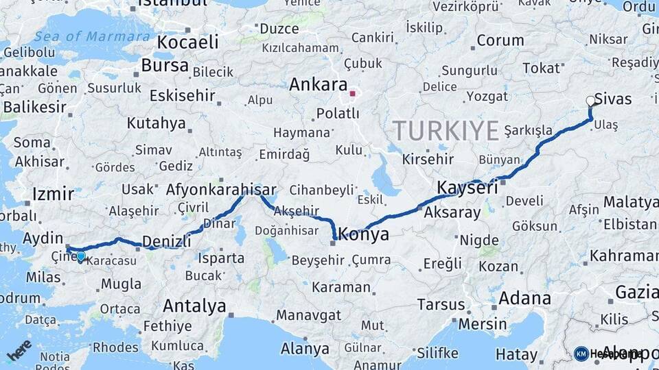 Aydın Çine Sivas Arası Kaç Km - Yol Haritası