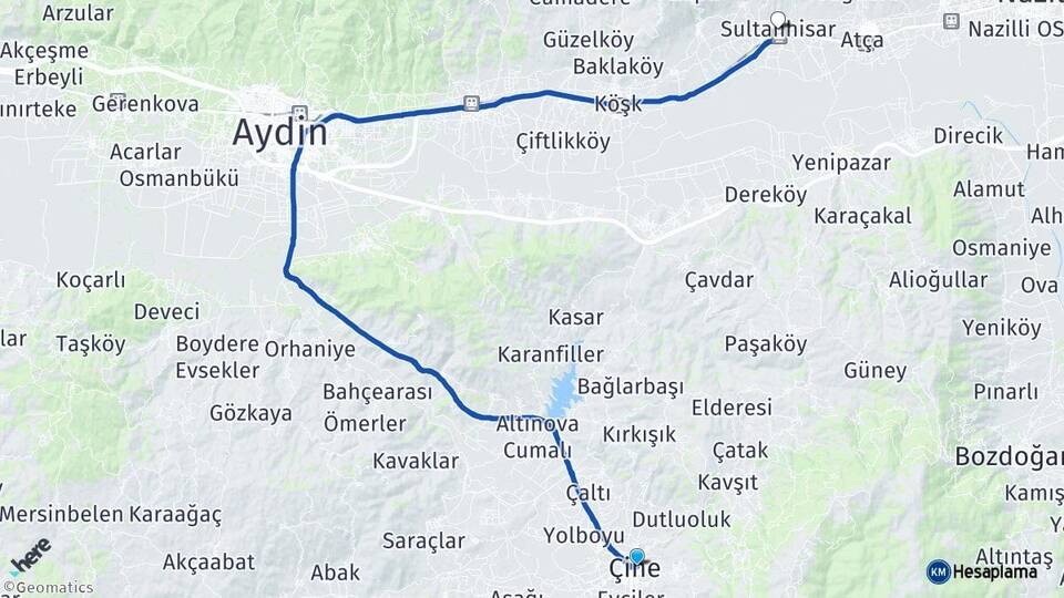 Aydın Çine Sultanhisar Arası Kaç Km - Yol Haritası
