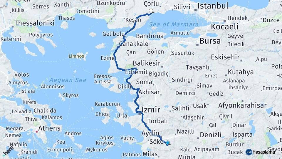 Aydın Çine Tekirdağ Arası Kaç Km - Yol Haritası
