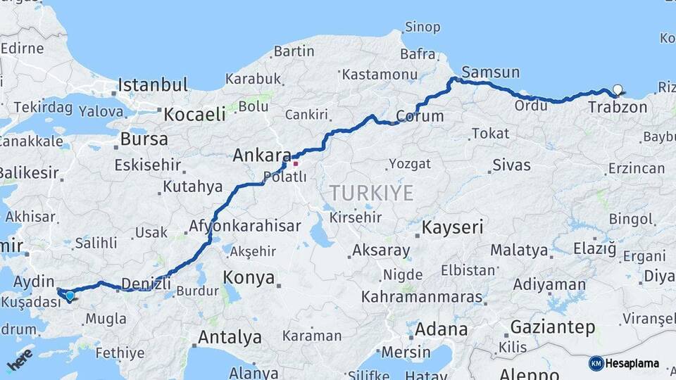 Aydın Çine Trabzon Arası Kaç Km - Yol Haritası
