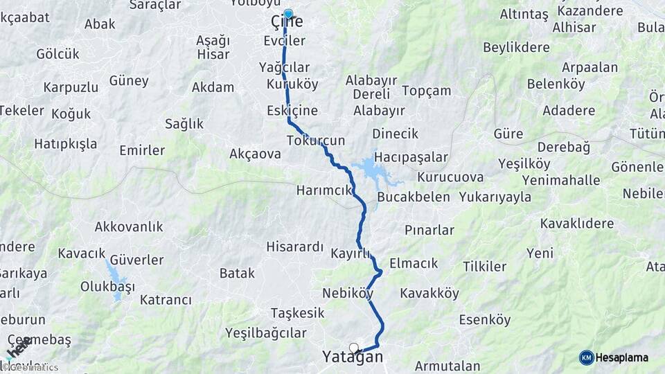 Aydın Çine Yatağan Muğla Arası Kaç Km - Yol Haritası
