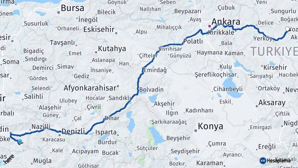 Aydın Çine Yozgat Arası Kaç Km - Yol Haritası