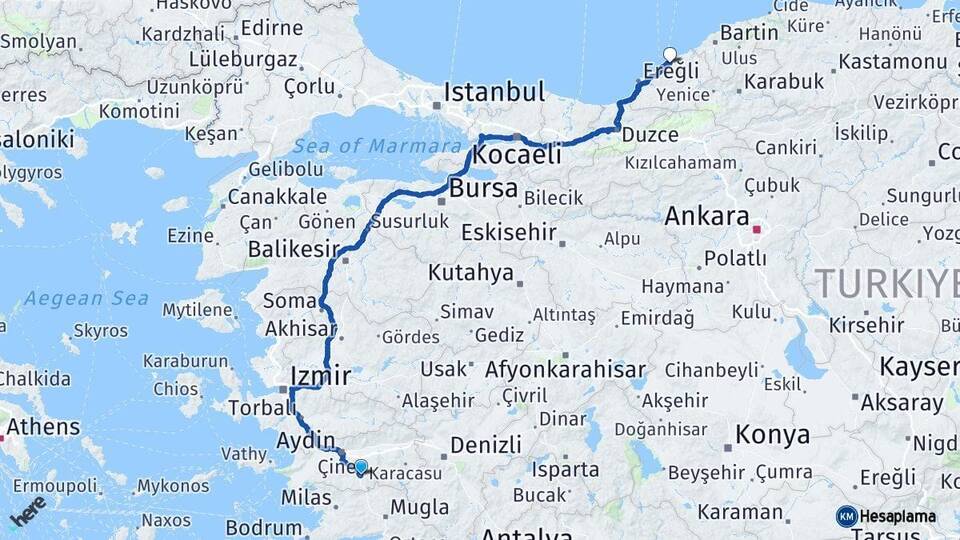 Aydın Çine Zonguldak Arası Kaç Km - Yol Haritası