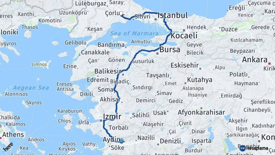 Aydın Çorlu Tekirdağ Arası Kaç Km - Yol Haritası
