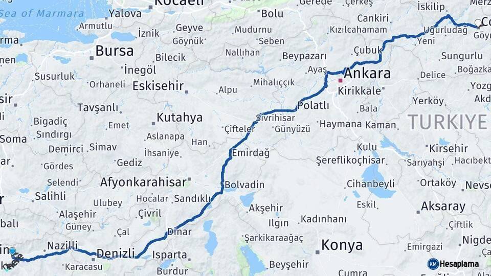 Aydın Çorum Arası Kaç Km - Yol Haritası