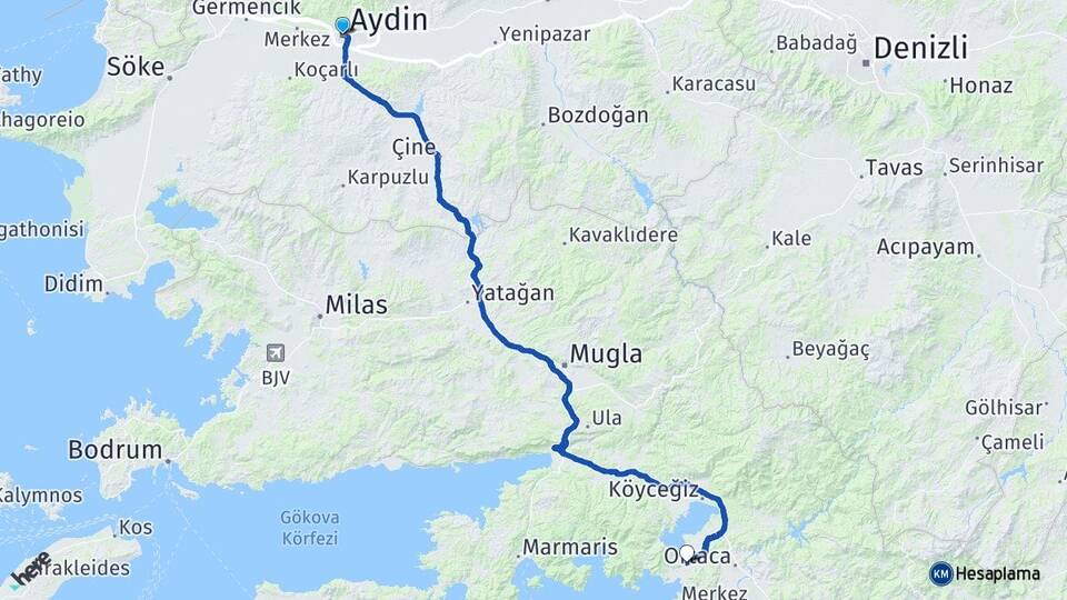 Aydın Dalyan Ortaca Muğla Arası Kaç Km - Yol Haritası