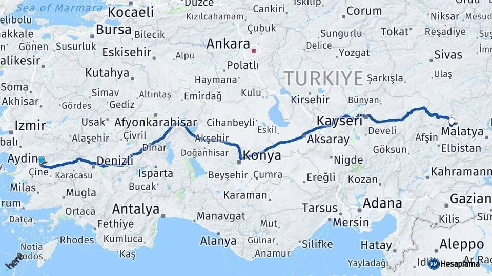 Aydın Darende Malatya Arası Kaç Km - Yol Haritası