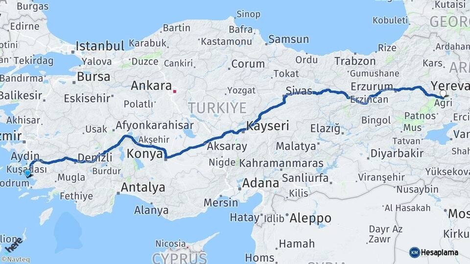Aydın Didim Ağrı Arası Kaç Km - Yol Haritası