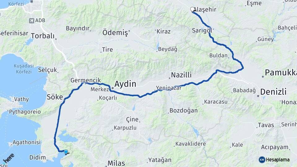 Aydın Didim Akbük Alaşehir Manisa Arası Kaç Km - Yol Haritası