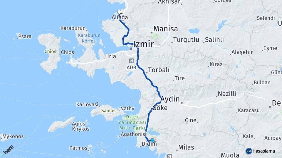 Aydın Didim Akbük Aliağa İzmir Arası Kaç Km - Yol Haritası