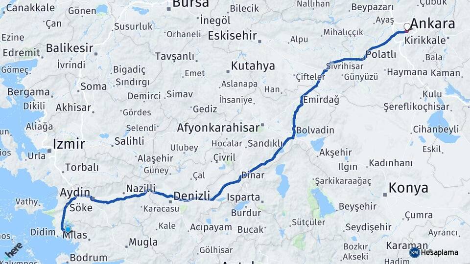 Aydın Didim Akbük Ankara Arası Kaç Km - Yol Haritası