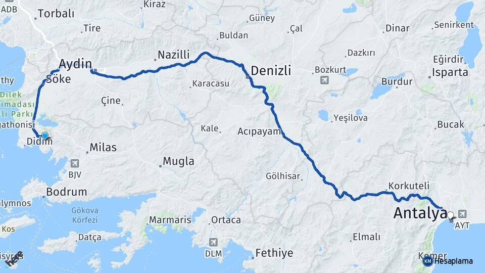 Aydın Didim Akbük Antalya Arası Kaç Km - Yol Haritası