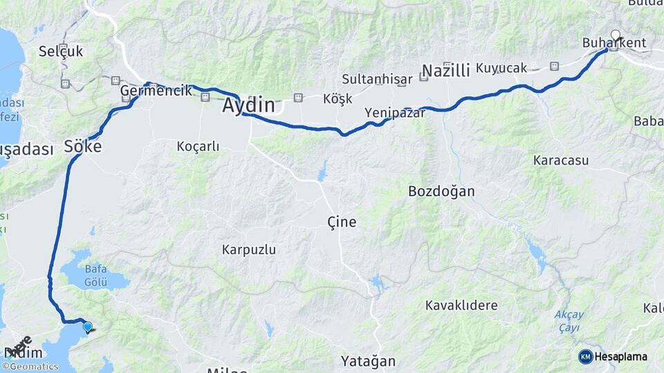 Aydın Didim Akbük Buharkent Arası Kaç Km - Yol Haritası
