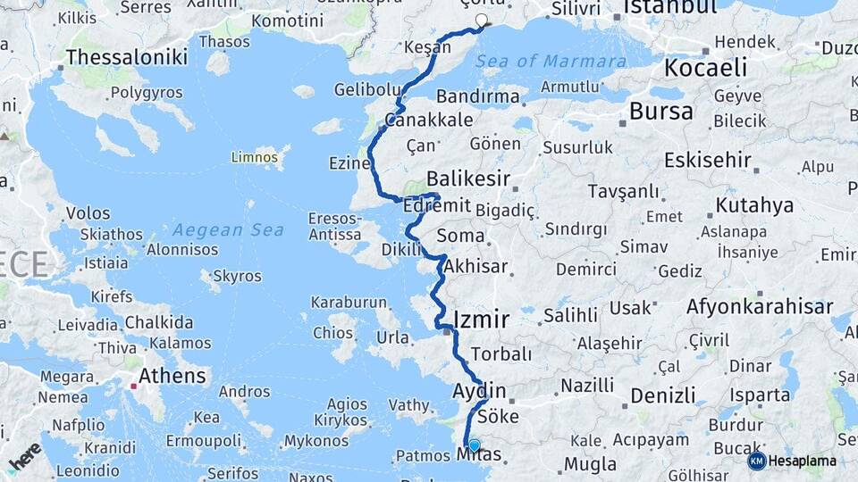 Aydın Didim Akbük Tekirdağ Arası Kaç Km - Yol Haritası