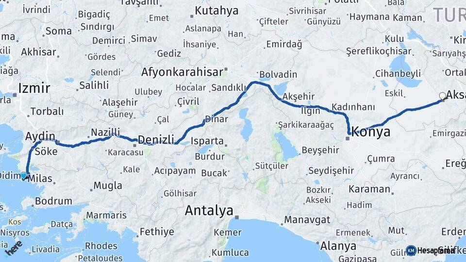 Aydın Didim Aksaray Arası Kaç Km - Yol Haritası