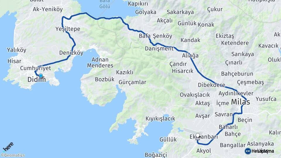 Aydın Didim Altınkum Milas Bodrum Havalimanı Arası Kaç Km - Yol Haritası