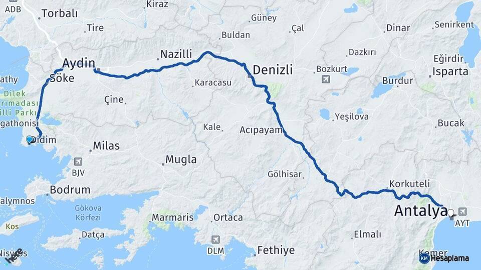 Aydın Didim Antalya Arası Kaç Km - Yol Haritası