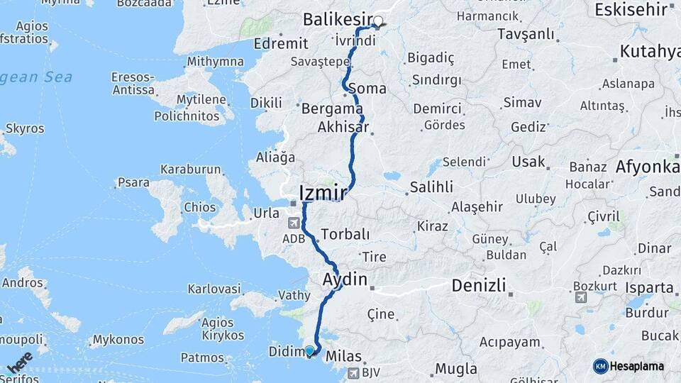 Aydın Didim Balıkesir Arası Kaç Km - Yol Haritası