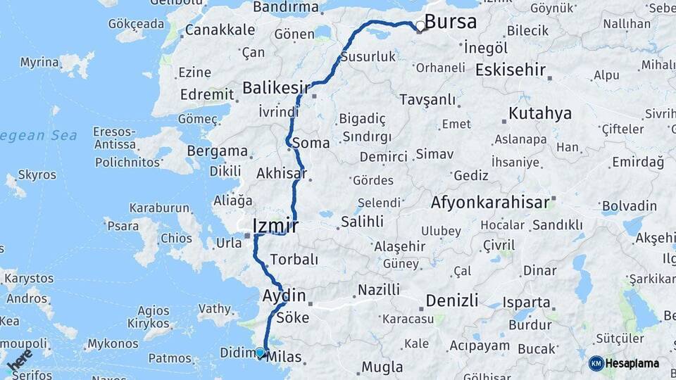 Aydın Didim Bursa Arası Kaç Km - Yol Haritası