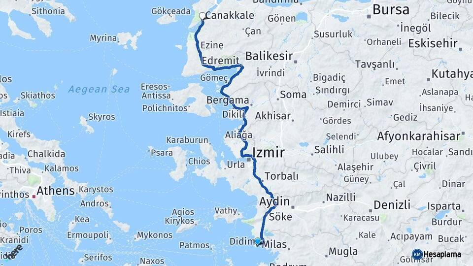 Aydın Didim Çanakkale Arası Kaç Km - Yol Haritası