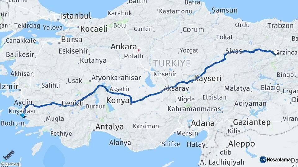 Aydın Didim Erzincan Arası Kaç Km - Yol Haritası