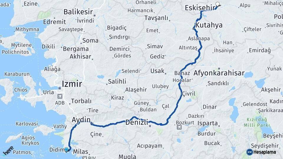 Aydın Didim Eskişehir Arası Kaç Km - Yol Haritası