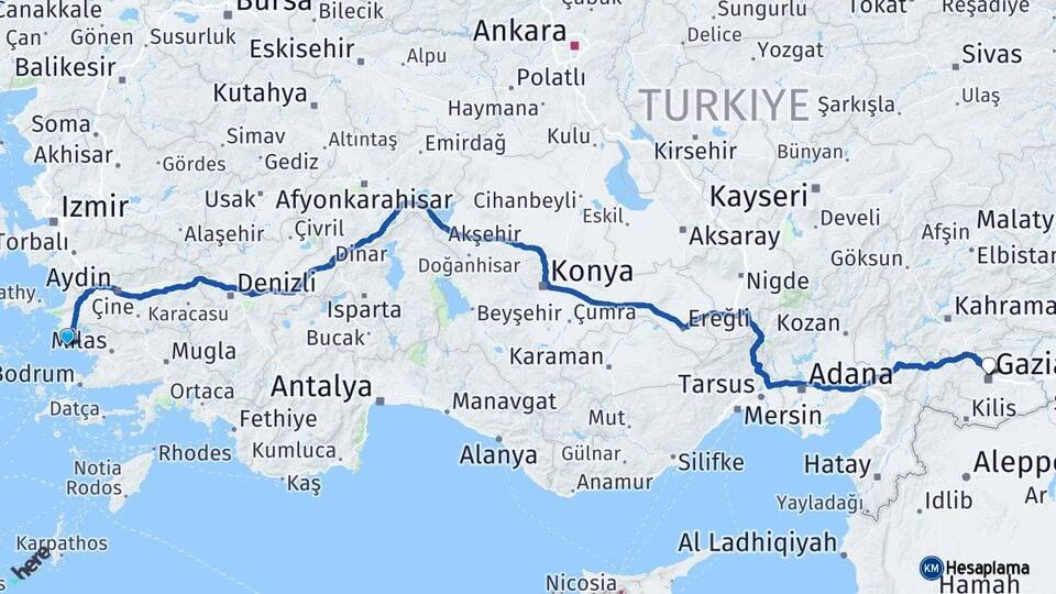 Aydın Didim Gaziantep Arası Kaç Km - Yol Haritası