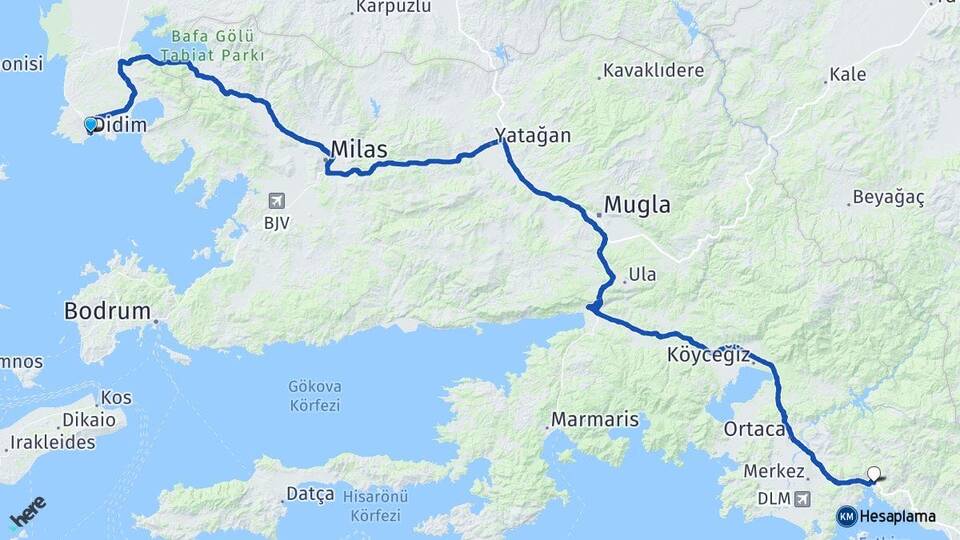 Aydın Didim Göcek Fethiye Muğla Arası Kaç Km - Yol Haritası