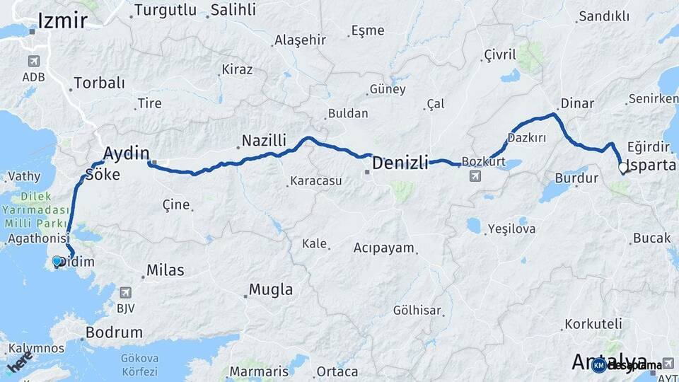 Aydın Didim Isparta Arası Kaç Km - Yol Haritası