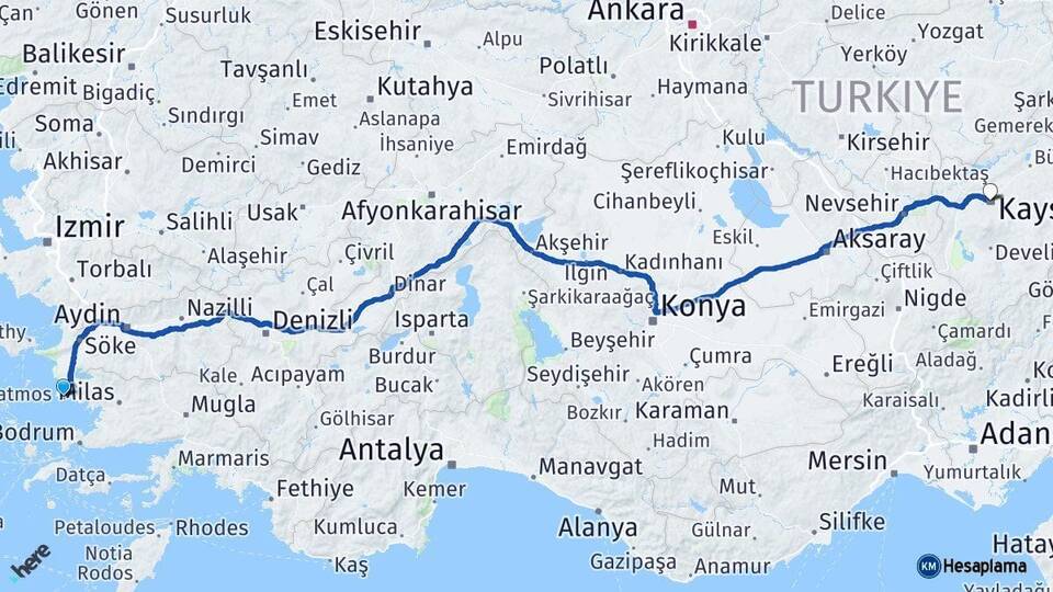 Aydın Didim Kayseri Arası Kaç Km - Yol Haritası