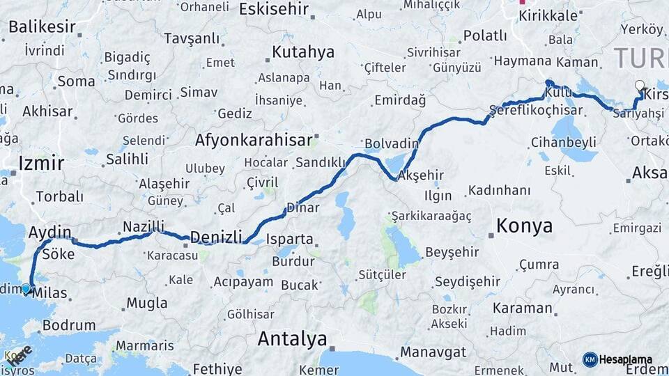 Aydın Didim Kırşehir Arası Kaç Km - Yol Haritası