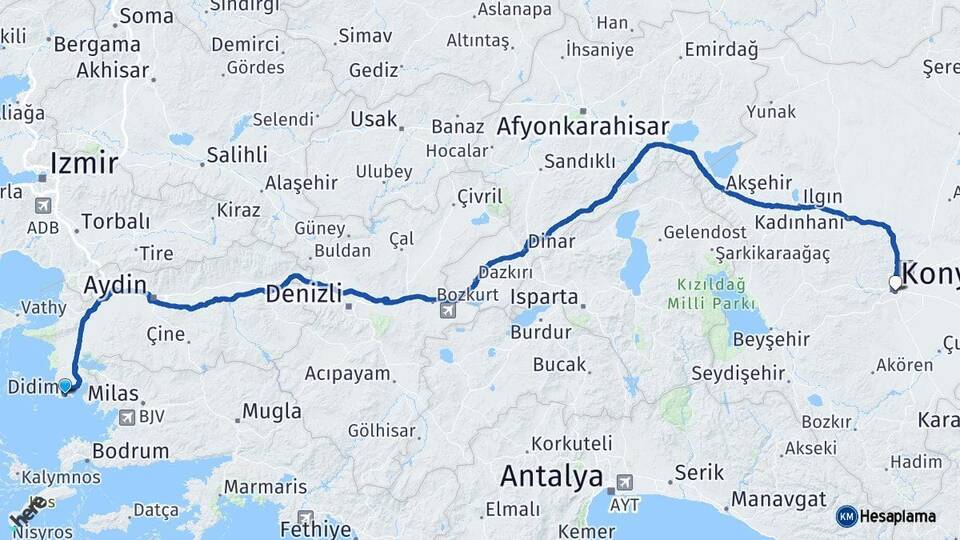 Aydın Didim Konya Arası Kaç Km - Yol Haritası