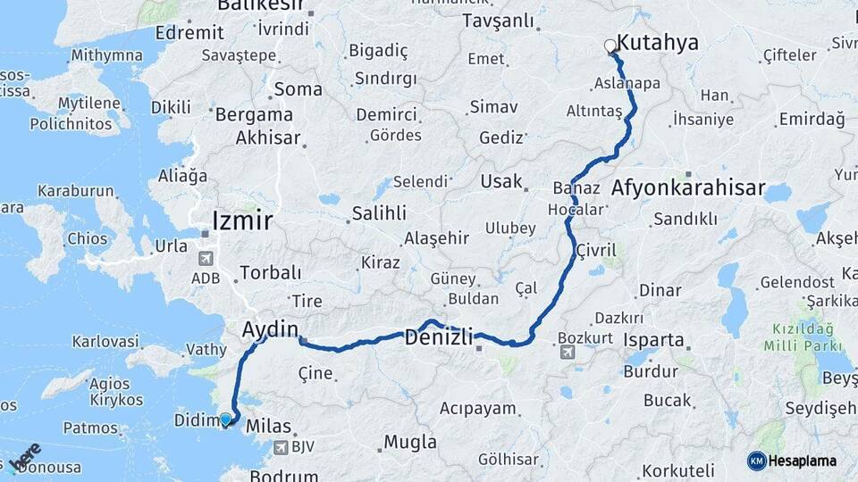 Aydın Didim Kütahya Arası Kaç Km - Yol Haritası