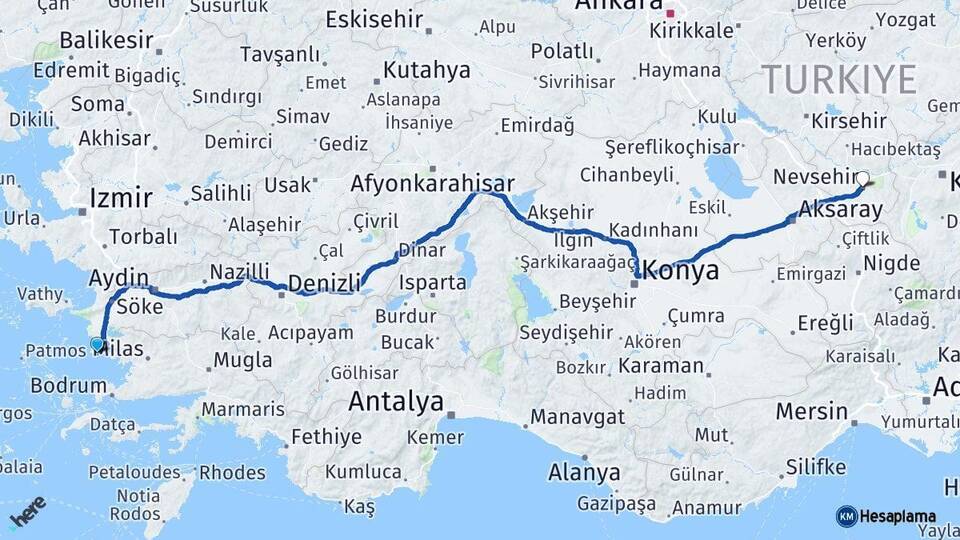 Aydın Didim Nevşehir Arası Kaç Km - Yol Haritası