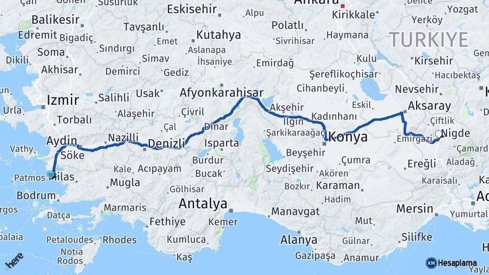 Aydın Didim Niğde Arası Kaç Km - Yol Haritası