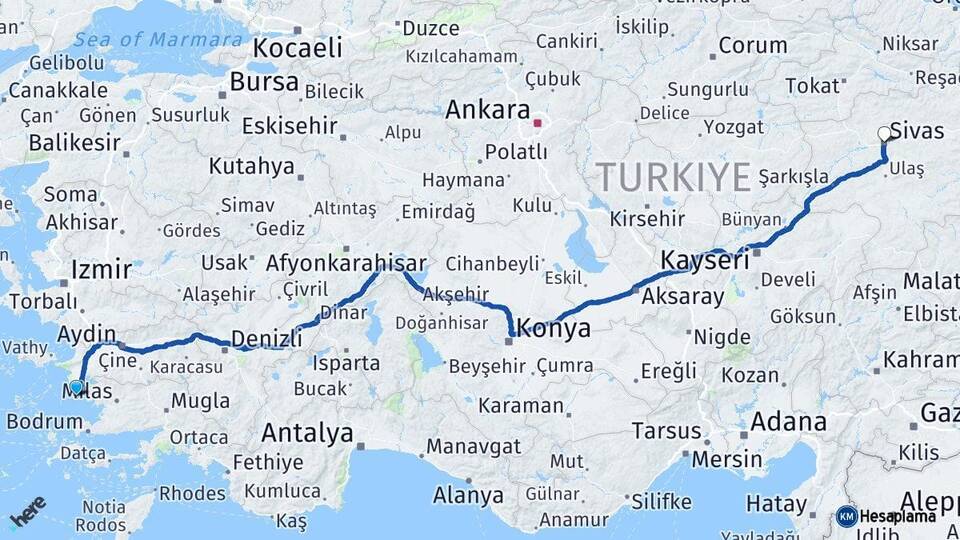 Aydın Didim Sivas Arası Kaç Km - Yol Haritası