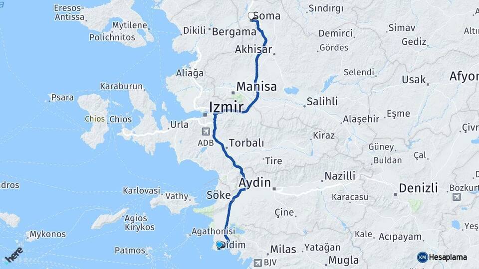 Aydın Didim Soma Manisa Arası Kaç Km - Yol Haritası